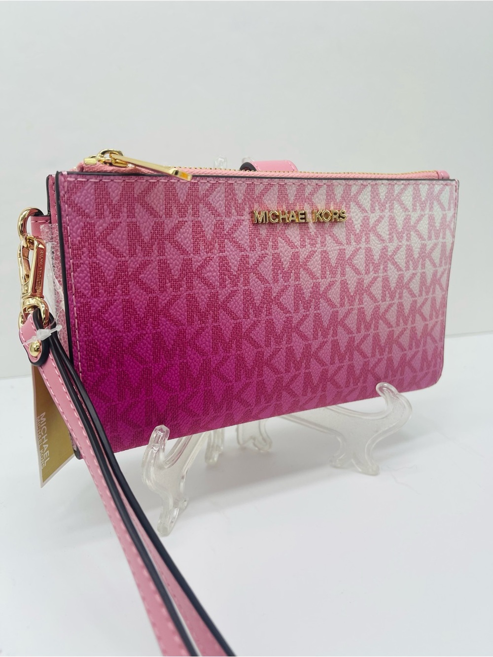 Michael Kors Jet Set Lg Double Zip Ombré Sign Logo Wristlet Wallet Carnation 
NW - Picture 15 of 16